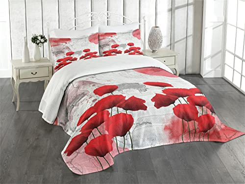 ABAKUHAUS Mohnblume Tagesdecke Set, Blühende ländlichen Bereich, Set mit Kissenbezug Waschbar, für Einzelbetten 170 x 220 cm, Rot-graue Kokosnuss