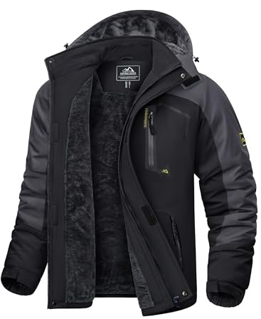 KEFITEVD - Giacca da sci da uomo, traspirante, calda foderata, con cappuccio rimovibile, impermeabile nero/grigio XL