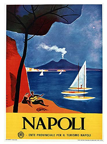 Legendarte - Vintage Turistaffischer Napoli - Canvastryck, Dekorativ Väggkonst cm. 50x70