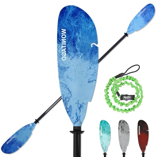 WONITAGO Angler Kayak Paddles Carbon Fiber Shaft and Plastic Blade, Floating Adjustable Fihsing Kayak Oars with Paddle Leash, 230-250cm/90-98 inch, Blue