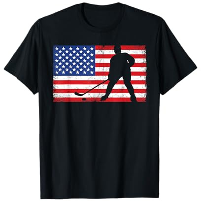 Red White Blue USA Flag Ice Hockey Player 4th of July T-Shirt