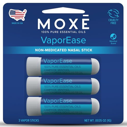 MOXE VaporEase, Portable Nasal Inhaler On-The-Go, Non-Medicated, Made in USA, Soothing and Refreshing Vapors, Menthol Scent, 3 Pack