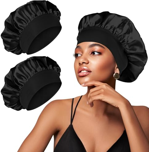 YLK 2 Pezzi Berretto di Seta, Cuffia Seta Capelli Ricci, Involucro per Capelli per Dormire, Berretto da Notte Raso per Donna Ragazza (Nero+Nero)