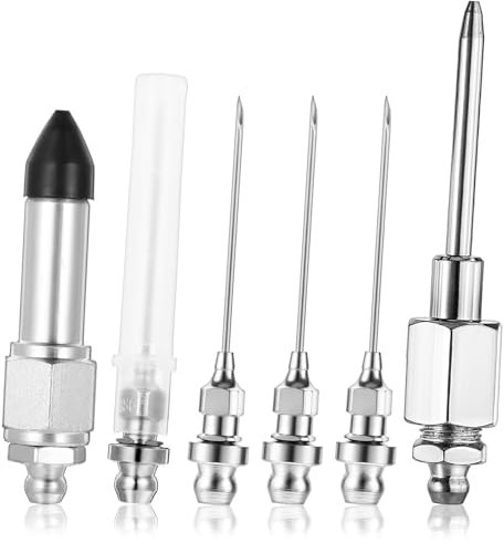 JIEYAO 7 Stück Nadel-Zubehörset für Fettpressen, Inklusive 5 Fett Nadeldüse 1 Fettnadelspendern 1 Gumminippel Adapter Tragbare Fettpresse Abnehmbare Fettnippel Grease Needle für Kleine Beengte Räume
