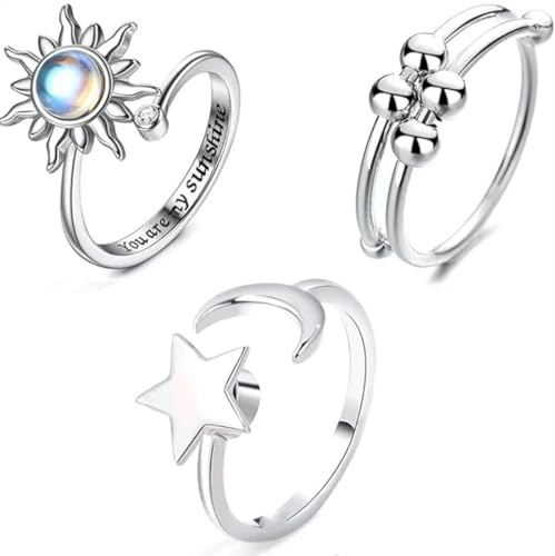 3 Piezas Plata Anillos Mujer para Ansiedad Anillo para Inquietos Anillo Ansiedad Anillo antiestrés Anillos Giratorios Abiertos Ajustables para Mujeres con Ansiedad