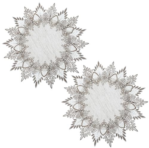 2 Stück Leinen Runde Tischdecke, 38 × 38 cm Tischdecke Leinen Spitzendeckchen Vintage Rustikale Neutrale Erdtöne Beige Tischauflage für Zuhause, Küche, Esszimmer, Couchtisch, Kommode, Teeparty