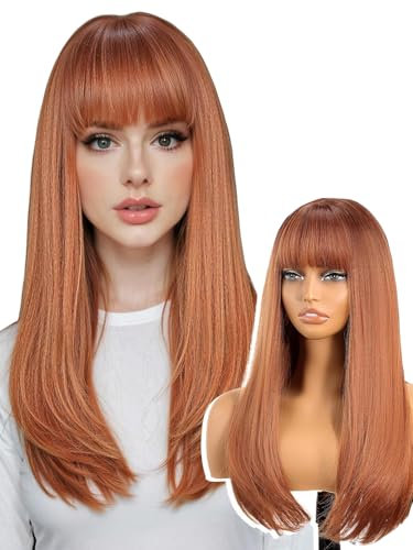 PORSMEER Parrucche lunghe 70 cm in rame dritto con frangia per donne parrucche per capelli sintetici naturali, per tutti i giorni, Carnevale, Halloween, feste (Auburn)