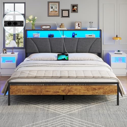 Brinlawb Bett 180x200 mit Lattenrost aus Metall, Doppelbett 180x200 cm mit LED Beleuchtung, Bettgestell 180x200cm Bett mit Kopfteil und Ladestation (2 AC-Steckdosen, 2 USB-Anschlüsse) Modern, Grau
