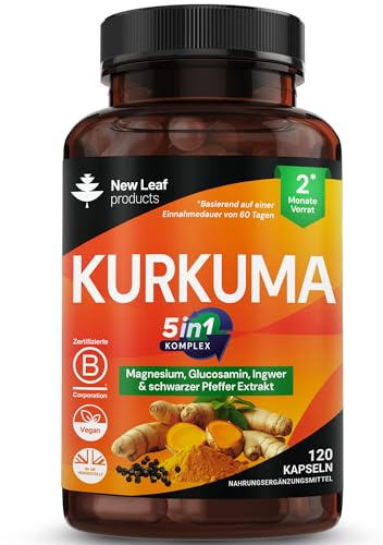Turmeric 5-in-1 Complex - 5000mg Turmeric Capsules High Strength Enriched with Magnesium & Glucosamine Sulphate - Added Ginger Capsules + Black Pepper, 95% Curcumin Supplement - Vegan Supplement