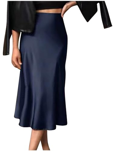 Women Solid High Waist Silky Casual Elastic Satin Midi Skirt Hidden Elasticized Waistband Skirts Midi Long Length Elegant Silk Satin Skirts Flowy Casual A Line Skirt Clubwear s