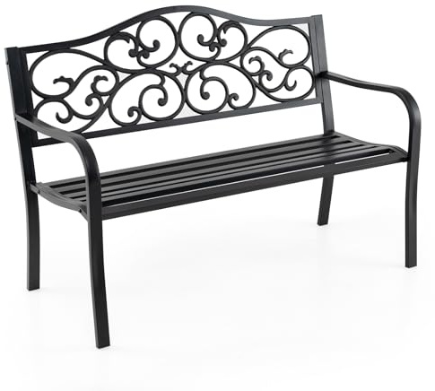 COSTWAY Panca da Giardino in Metallo Vintage, Panchina da Esterno con Schienale Decorato, Panchina da Giardino 2-3 Posti per Cortile e Terrazza, 128 x 62 x 89 cm, Nero