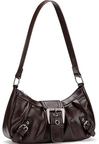 WantGor Women's Shoulder Bag Clutch Tote Bags Top Handle Purse Zipper Vintage Handbag Buckle Punk Hobo Purses Trendy Underarm Bag (Dark Brown)