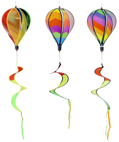 QWORK® 3-Pack Hot Air Balloon Wind Spinner 110 cm (3.6ft) - Rainbow Garden Pinwheels Striped Windsock for Indoor & Outdoor Decoration