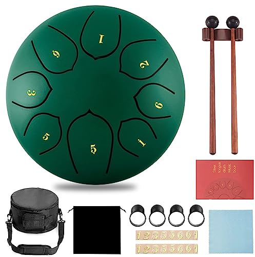 CIRULLI Tambor de lengua de acero, 8 notas, 15 cm, tambor de disco, acero, lengua, percusión, instrumento de percusión, con caja de accesorios, bolsa, pico, libro musical y palillos