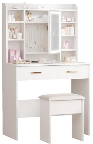 Dressing Table with Mirror and Stool: Vanity Desk with Mirror and Drawers | Makeup Desk with Jewellery Storage, 3 Color Light & Brightness Adjustable for Bedroom