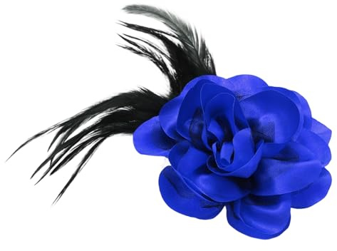 QUARKZMAN Broche De Rosa De Tela Satén Hecho A Mano 4.3 Pulgadas Azul | Alfiler De Solapa Con Flores De Pluma Elegante, Pinza Para El Cabello Floral, Para Mujeres Boda Fiesta Vestido