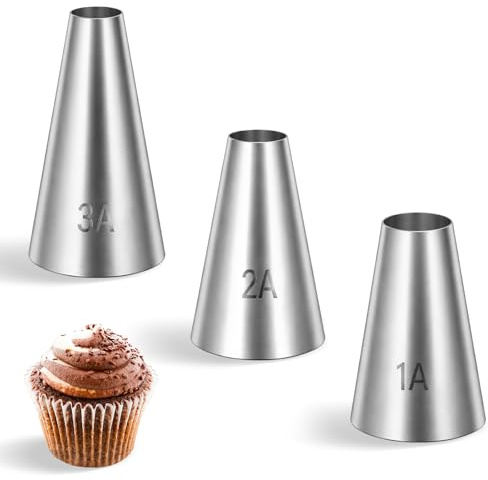 1A/2A/3A - Juego de boquillas para manga pastelera (3 unidades, redondas, de acero inoxidable, para crema, tartas, cupcakes, glaseado)