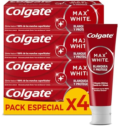 Colgate Max White Blanquea y Protege Pasta de Dientes 4 x 75ml, Dentífrico Blanqueador, Elimina hasta el 100% de las Manchas Superficiales, Dientes 1 tono más Blancos en 1 Semana