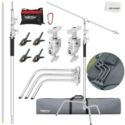 AMBITFUL Stainless Steel Heavy Duty C-Stand, 150cm-320cm Adjustable Photographic Sturdy Tripod for Reflectors, Softboxes, Monolights, Umbrellas,Heavy Duty Holding Arm