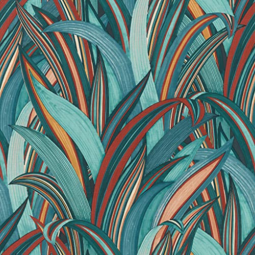 Rasch Wallpaper 541250 - Vibrant Botanical Non-Woven Wallpaper with Leaves Motif in Rust Brown, Red and Petrol Blue - 10.05 m x 53 cm