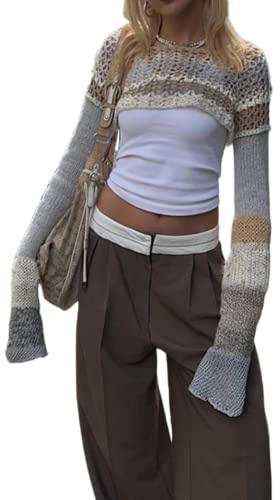 Kvinnor Y2K virkad stickad beskuren tröja boho retro ihålig utskuren långärmad magtröja älva grunge Alt E Girl streetwear