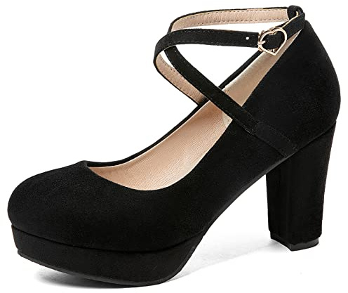 Donna Scarpe Mary Jane Tacco Largo Punta Rotonda Pompe Semplici Fibbia Décolleté con Tacco Alto con Plateau Criss Cross Strap, 18866Bmv Nero Numero 38 EU