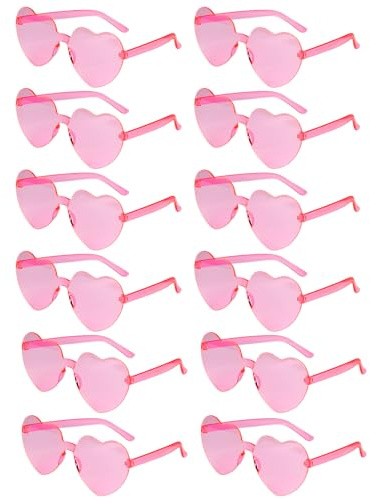 NACHLYNN 12 Pcs Pink Heart Shaped Sunglasses - Transparent Candy Color Rimless Sunglasses for Party Favors