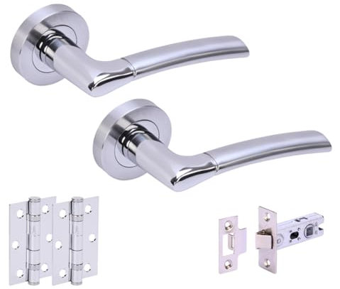 Hunta HANDLEZONE® Columba Premium Internal Door Handle Pack, Complete with Lever Handles on Rose, 76mm Latch, 75mm Ball Bearing Hinges - Dual Finish Polished/Satin Chrome
