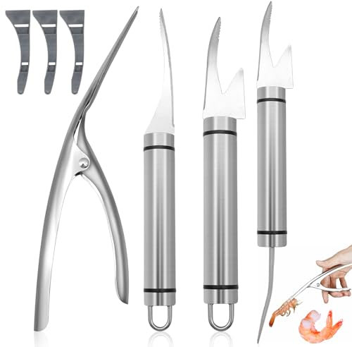 Scettar 4 Pelador de Gambas y Langostinos, Shrimp Line Knife Multifunctional Shrimp Line Fish Maw Knife, Herramienta Peladora de Camarones de Acero Inoxidable, Pinza Peladora de Camarones para Cocina