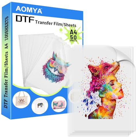 Aomya Pellicola di Trasferimento DTF A4 da 50 Fogli, 8,5 x 11 cm, Lucida, Trasparente, Pretrattata, per Trasferimento di Calore in PET per Tutte le Stampanti a Sublimazione