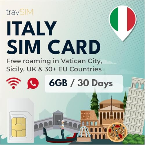 travSIM Italien SIM-kort | 6 GB data med 4G/5G-hastigheter | Obegränsade samtal | Använd Italien SIM-kort i Storbritannien och 30+ EU-länder | Planen på SIM-kortet för Italien gäller i 30 dagar
