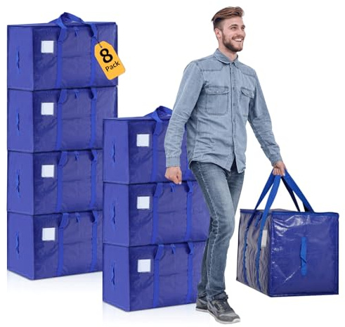 Moving Bags Heavy Duty Extra Large, Moving Boxes, Moving Supplies Essentials, Blue Storage Bins with Lids, Plastic Packing Totes, Storage Bags for Clothes with Handles & Zippers(Blue, 8 Pack)