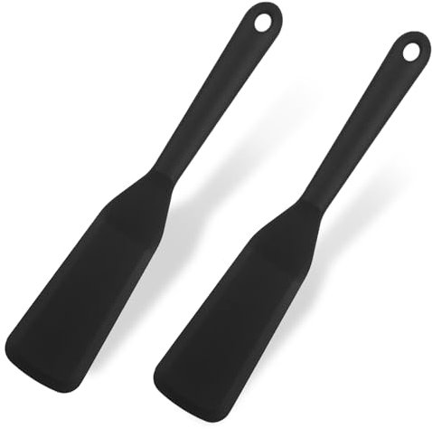 2 Stück Pfannenwender Silikon, Antihaft Silicone Spatula, Hitzebeständiger Silikon Küchenhelfer Spatel Set, Hitzebeständig Pfannkuchen Spatula für Kochen Fisch, Pfannkuchen, Eier, Steak (Schwarz)