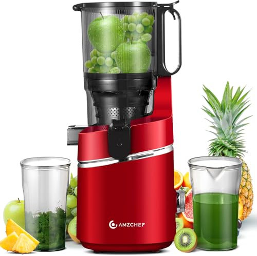 AMZCHEF Slow Jucier automatique, Ouverture de 145 mm et capacité de 1,8 L Extracteur de jus de fruits et légumes entiers, Juicer Machine lent de 250W avec triple filtre - Rouge