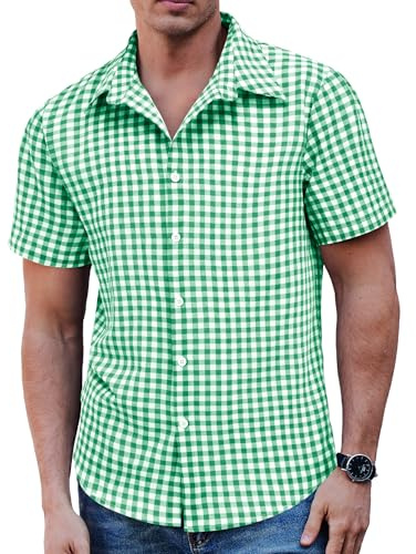 COOFANDY Camisa de manga corta a cuadros para hombre, casual, con botones, para verano, para trabajo, Verde Blanco, L
