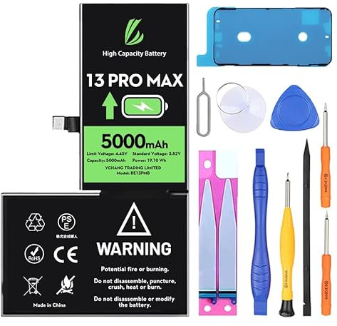 LL TRADER Akku für iPhone 13 Pro Max, 5000 mAh hohe Kapazität Lithium-Polymer-Akku mit Reparaturwerkzeug