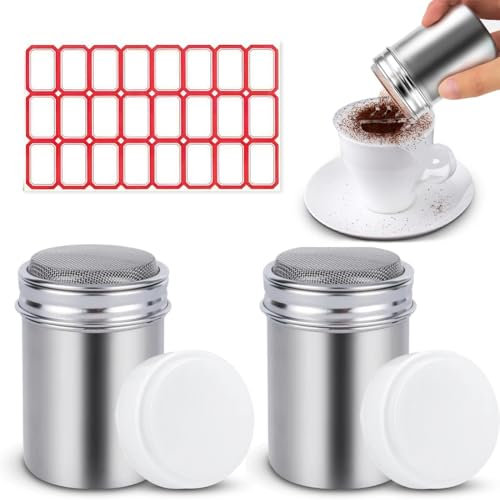 HAMKU 2 Stück Edelstahl Pulverstreuer,Puderzuckerstreuer,Kakaostreuer,Kakaostreuer Für Cappuccino,Kaffee Und Kakaostreuer Mit Etikettenpapier Mit Feinmaschigem Deckel