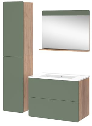 Vicco Set di mobili da bagno Izan, Goldkraft rovere/verde, 80 cm, composto da mobile sottolavabo con lavabo, armadio alto e specchio da bagno