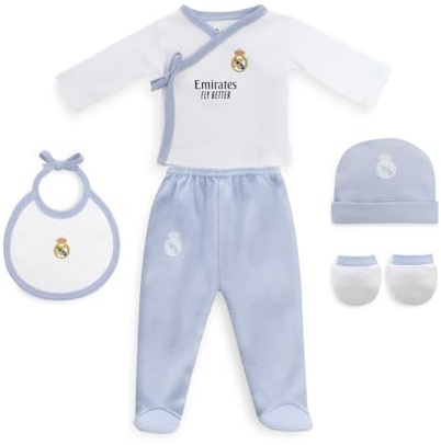 Interbaby - Set Regalo 5 Piezas del Real Madrid - Primera Puesta Bebé Recien Nacido - Compuesto por Gorro, Camisa, Polaina, Manopla y Babero. Edad 0-6 meses.