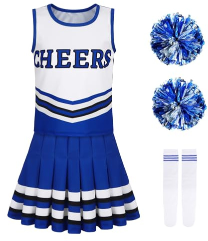 Berich Costume de pom-pom girl avec pompons et chaussettes pour enfants - Costume de pom-pom girl pour enfants - Costume d'Halloween - Bleu - 10 à 11 ans - 150