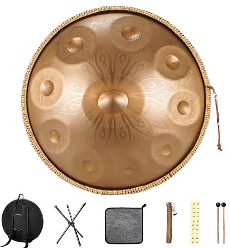 Handpan 22 Pouces Tambour Handpan Steel Tongue Drum - Ensemble Professionnel de Tambour à Langue en Acier en Ré mineur, pour méditation Yoga (Gold-colored mandala-10, 10 Notes)