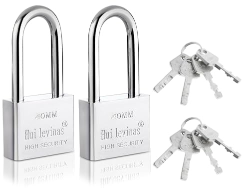 Lot de 2 cadenas à anse haute en acier de 40 mm avec 4 clés - Cadenas étanches - Longue épaisseur de l'anse : 6 mm - Pour l'intérieur et l'extérieur - Clôture de jardin