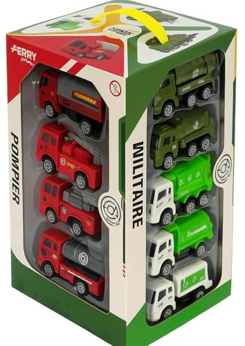 FERRY JOUETS Coffret 16 Camions à Rétrofriction, Véhicules Métier Militaire, Construction, Pompier et Propreté