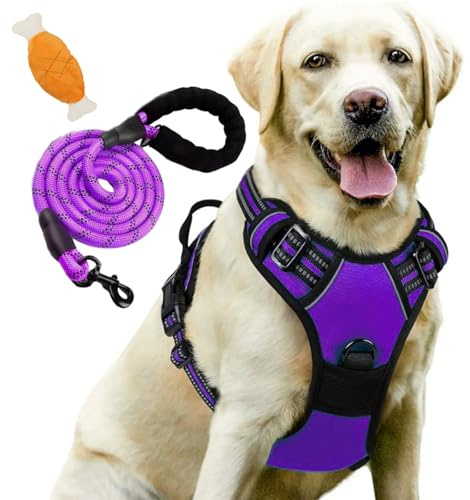 Stoviglie anti-tiraggio, senza pull, per cani di piccole dimensioni, traspiranti e imbottite, con manico a strisce riflettenti, controllo regolabile (L: 17,5 – 22,5 kg, viola + corda)
