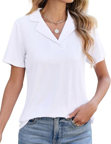 heekpek Camicia Donna Elegante Blusa Estiva Polo Shirt Manica Corta Scollo a V Casual Lavoro Camicetta Classico con Revers Maglietta Estive T Shirt Moda Tinta Unita Maglia Top(Bianco,XL)