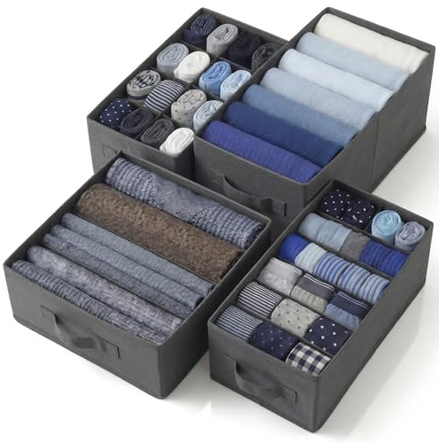 edihome, Organizador Armario, Separadores de Cajones para Camisetas y Ropa Interior, con Compartimentos, Cajas Organizadoras Armarios Plegables para Ordenar Cajones (Gris Oscuro, Pack 4 - Mix)