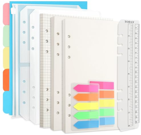 HaPWan A5 ringpärm, påfyllningsbar, set med 180 sidor (3 designer), inkl. 4 skiljeblad, 3 fodral, flikar, linjal, A5-papper för ringpärm och anteckningsbok