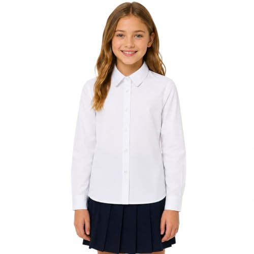 Bienzoe Girls Long Sleeve Shirt: Kids School Uniform Button Down Cotton Oxford Blouse White L