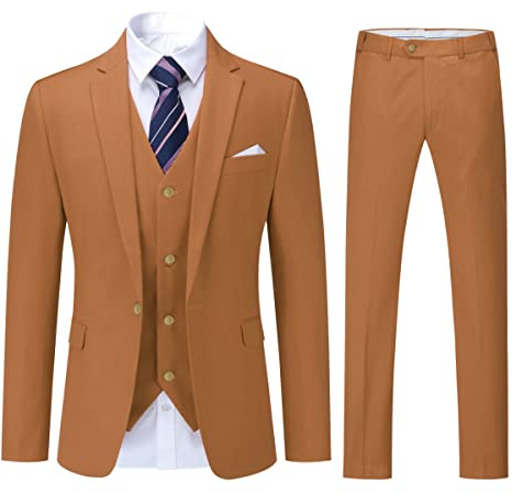 YOUTHUP Costume Homme 3 Pièces Mariage Business Slim Fit Smoking Un Bouton Formel Blazer Veste Gilet et Pantalon, Caramel, L