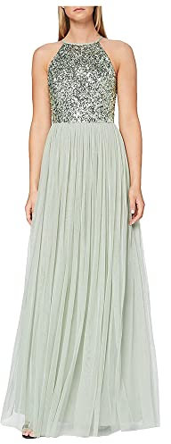 Maya Deluxe Damen Abendkleid Pailletten Cocktailkleid Tüllkleid Kleid Nackenband Elegant Für Hochzeit Brautjungfernkleid Bridesmaid Dress, Sage Green, 40 EU